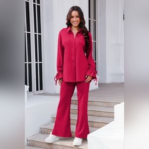 Women's Red Drawstring Flounce Sleeve Shirt and Pants Combo Set  SALE 20% OFF